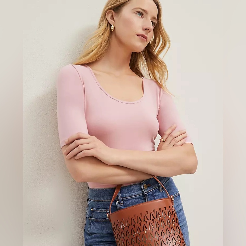 NEW Ann Taylor XXS Scoop Neck Elbow Sleeve Tee In Mauve‎ Blush